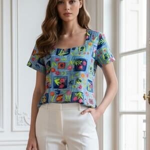 Oilily Blue Floral Vintage Knit Square Knit Short Sleeve Top Lg